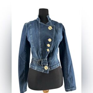 Bosca Paris blue Jean jacket stretch unique chunky buttons frayed y2k 90's sz 4
